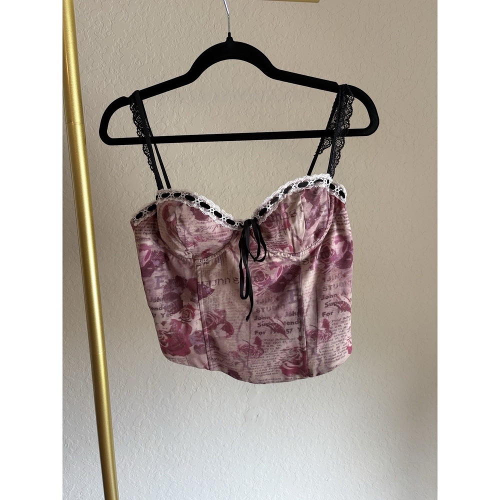 Women's Rose Newspaper Print Lace Busier Corset Top Size L Y2K Coquette Ribbon